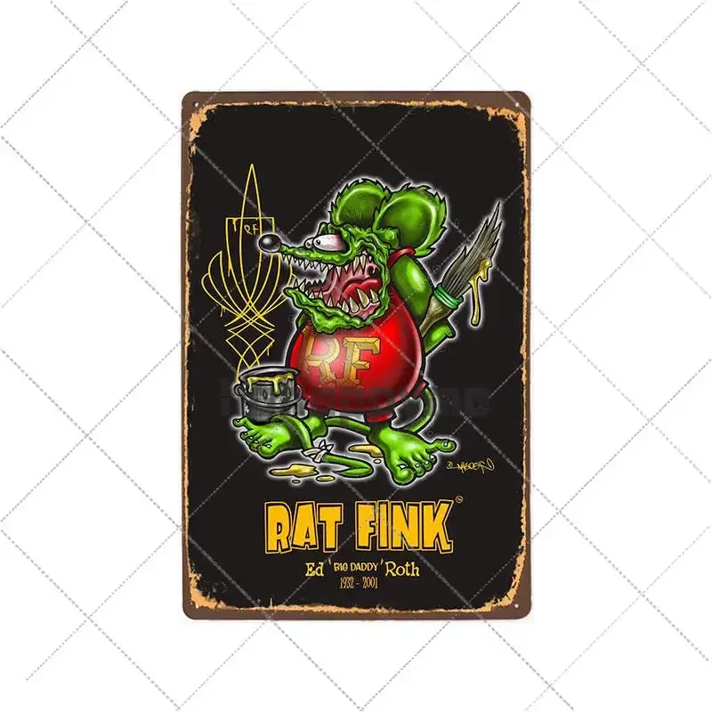 Vintage Rat Fink Metal Sign Car Adaptations Plaque Garage Wall Poster Auto Turning Store Bar Pub Club Decoration 20x30cm