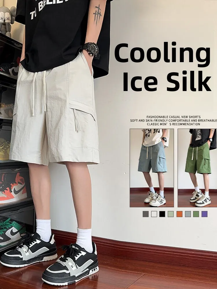 

Мужские летние повседневные брюки из ледяного шелка с охлаждающим эффектом, американского стиля, с боковой молнией, тактические, рабочие, спортивные, длиной до колена, для отдыха