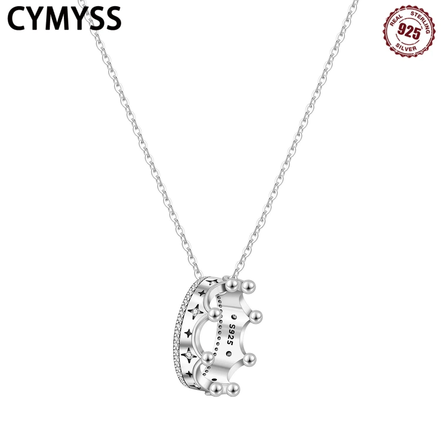 

CYMYSS S925 Sterling Silver two-piece Retro Stone Inlaid Crown Necklace Design Jewelry Wedding Holiday Gift womens Necklace Ring