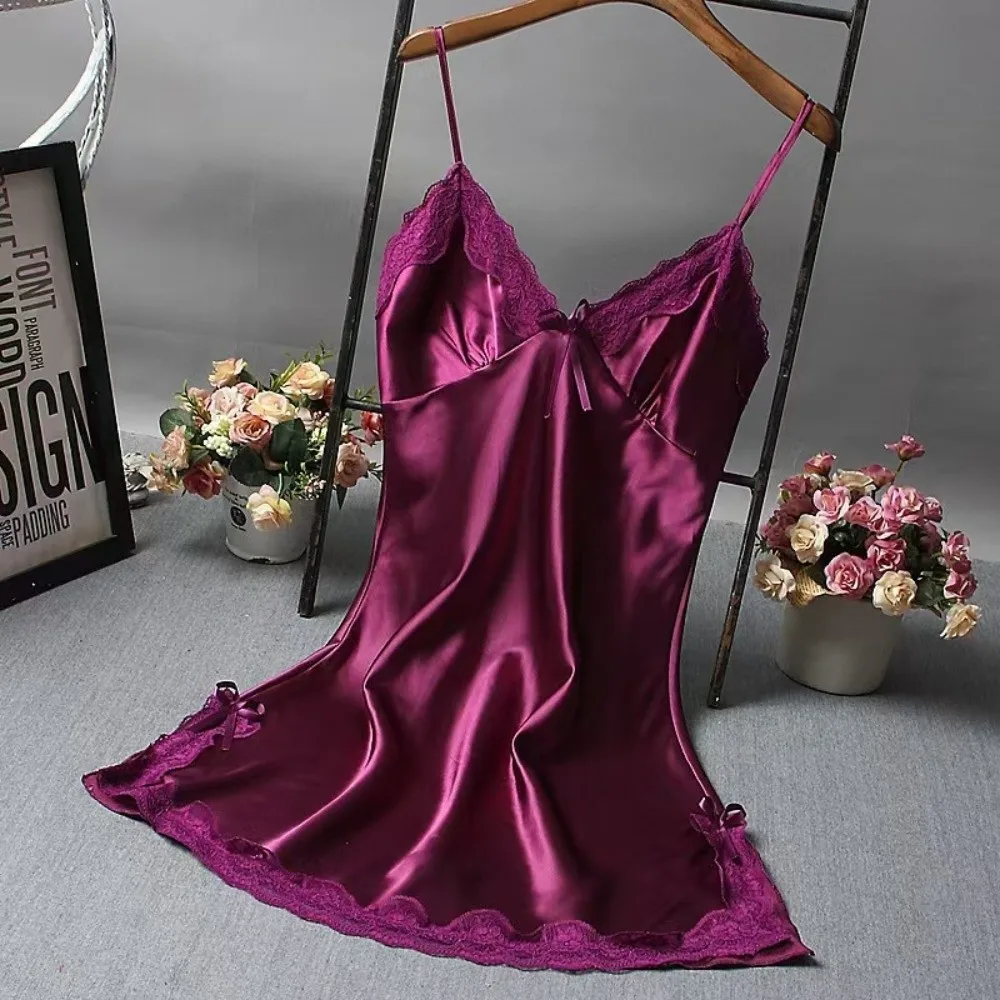 Soft Lace Sleepwear Nightdress Bowknot Sleeveless Women's Lace Nightgown Breathable Patchwork Satin Silk Nightdress Lingerie