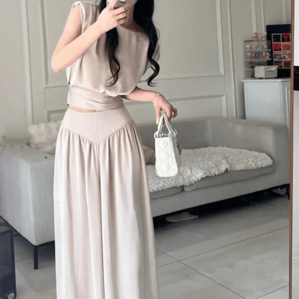 

Шелковый элегантный жилет без рукавов во французском стиле и широкие брюки-кюлоты для женщин, высококачественный женский костюм-двойка