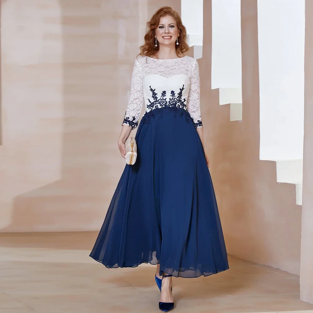 Classic A-Line Chiffon Mother of the Bride Dresses O Neck 3/4 Sleeves Wedding Party Gowns Lace Ankle Length 2024 فساتين السهرة