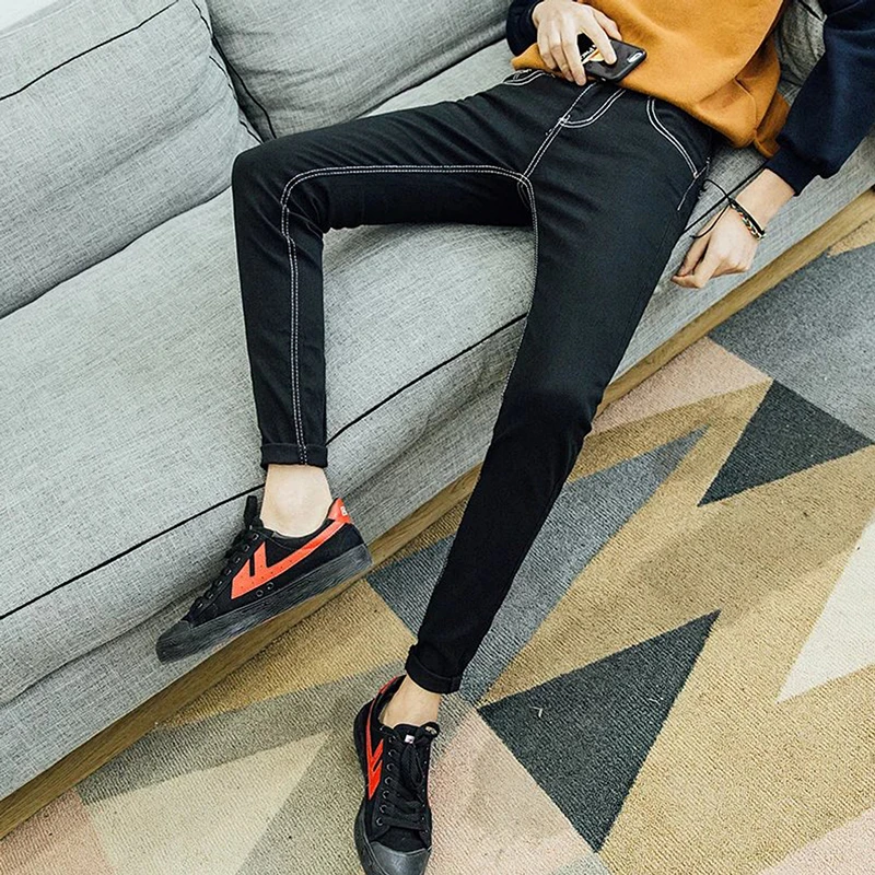 

Slim Fit Korean Sle Men's Jeans Bla Skinny Leggings Casual Straight Leg Jeans Youth ulari mid Low Waist Jeans