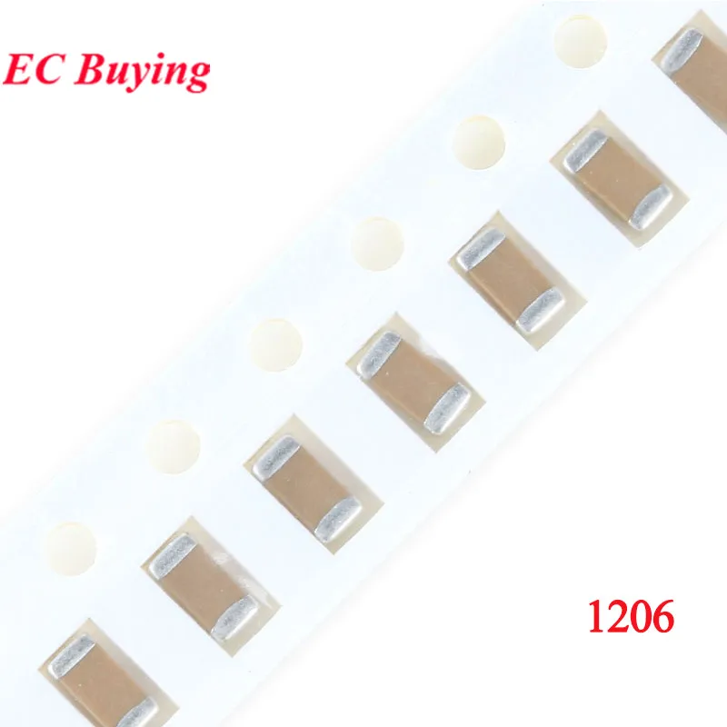 100 szt. kondensatorów ceramicznych SMD 1206 3216, 22pF 100pF 1NF 2.2NF 10NF 1uF 2.2uF 4.7uF 10uF 47uF 100uF 330uF 6.3V 10V 16V