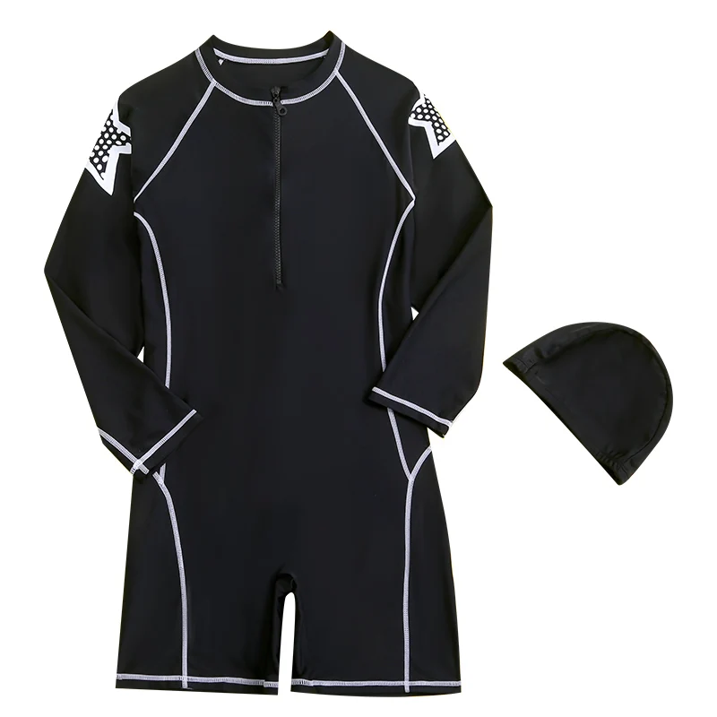 Boy Swimwear 2022 Long Sleeve Sunscreen One Piece Suit Blue Black Solid Bathing Suit Rush Guard Surfing Diving 16Y Kids Swimsuit