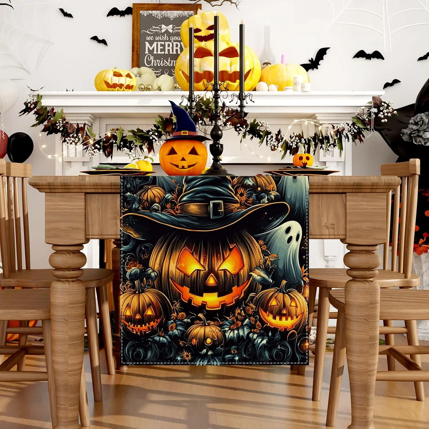 Halloween Black Pumpkins Ghost Linen Table Runner Party Table Decor Reusable Kitchen Dining Table Runner Halloween Decorations