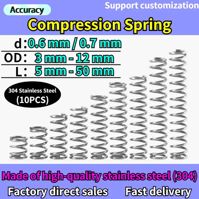 10Pcs Wire Diameter 0.6mm 0.7mm 304 Stainless Steel Micro Small Compression Spring OD 3mm/4mm/5mm/6mm/7mm/8mm/9mm/10mm/11mm/12mm