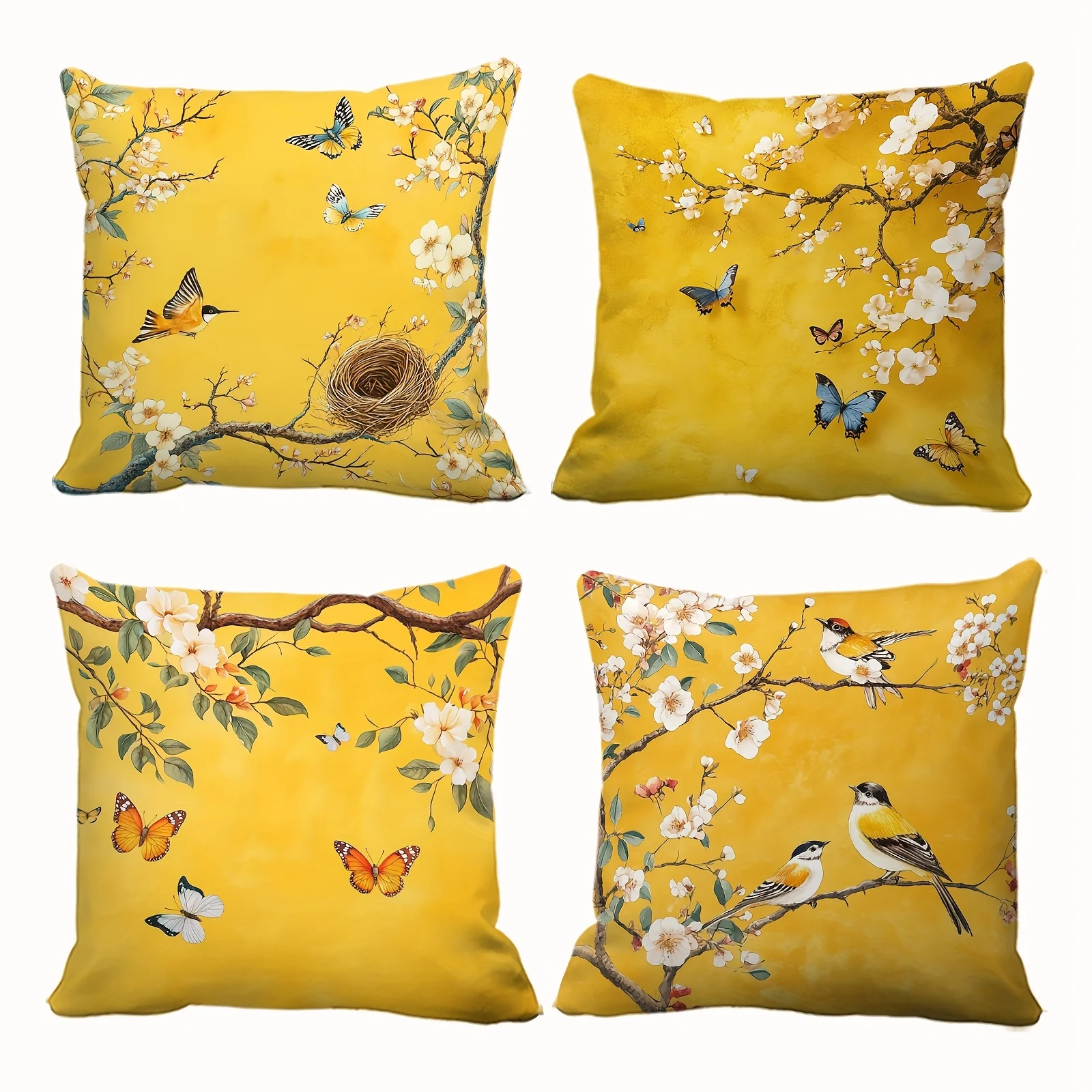 4Pcs Spring Blossom Pillow Covers - Elegant Peach Flower & Butterfly Design for Living Room/Bedroom Decor