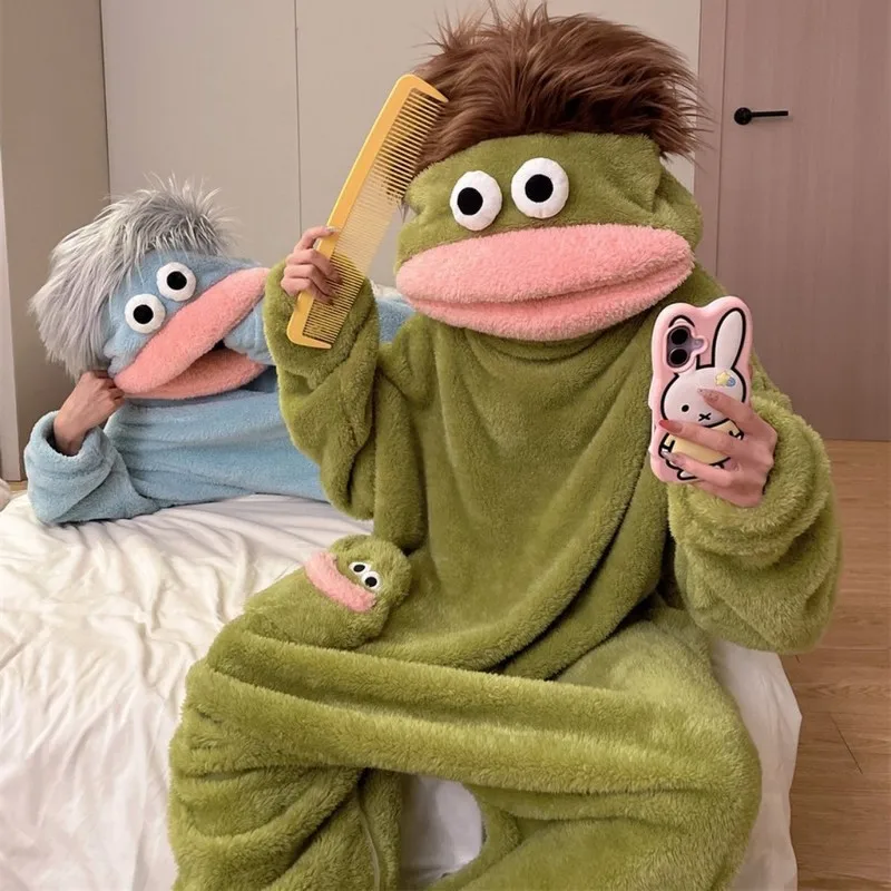 

Cartoon Pajamas Autumn Winter Couple Set Wacky Bodysuit Have Hair Big Mouth Monster Hooded Homewear Girl Cute Keep Warm Pajamas