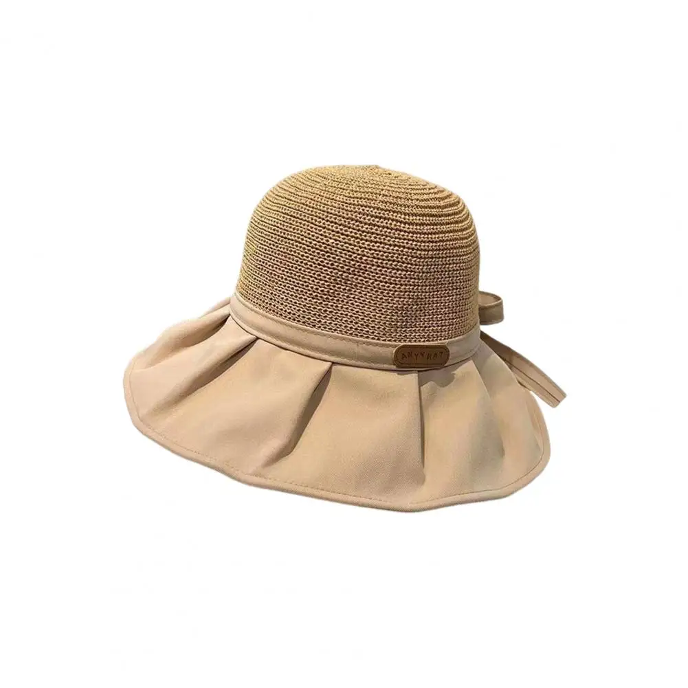 Women Sun Hat Bow Decor Hollow Out Beach Fisherman Hat Wide Hem Anti-UV Photo Prop Outdoor Cap