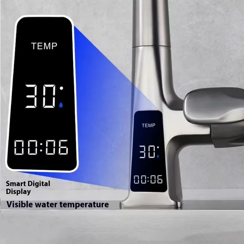 ZC1-Modern Single-Handle Kitchen Faucet Ceramic Pull-Out Sink Faucet Hot/Cold Lift Button Multi-Function Digital Display Brass T