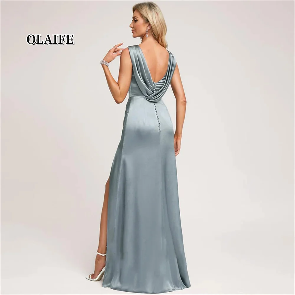 New A-line Wedding Dress Scoop Neck Simple Wedding Guest Dresses Floor-Length Stretch Satin Bridesmaid Dresses Party Dresses