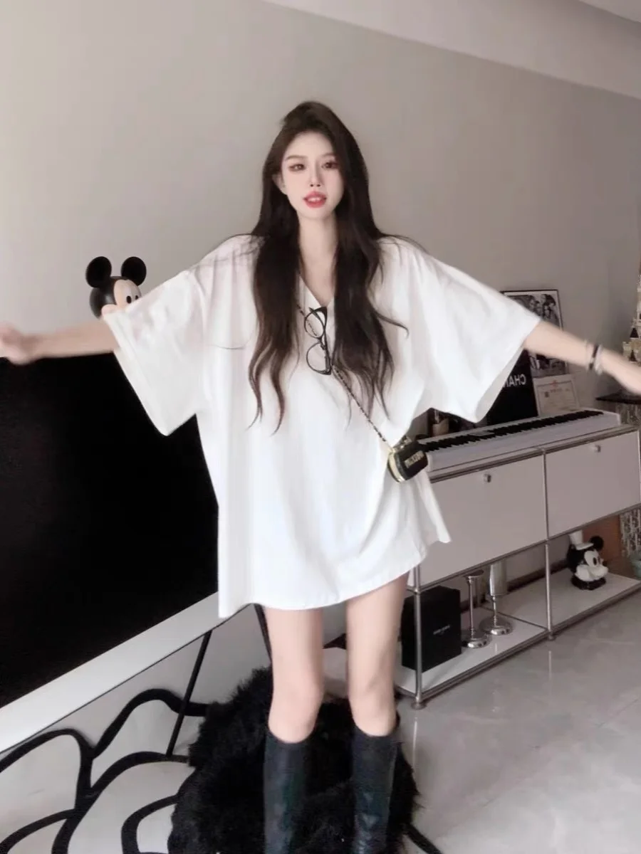 

Loose Summer T-irt plus Size Women's Lazy Sle Design Korean Version Osaka Slimming Belly Covering Top Mid-Length Casual Wear