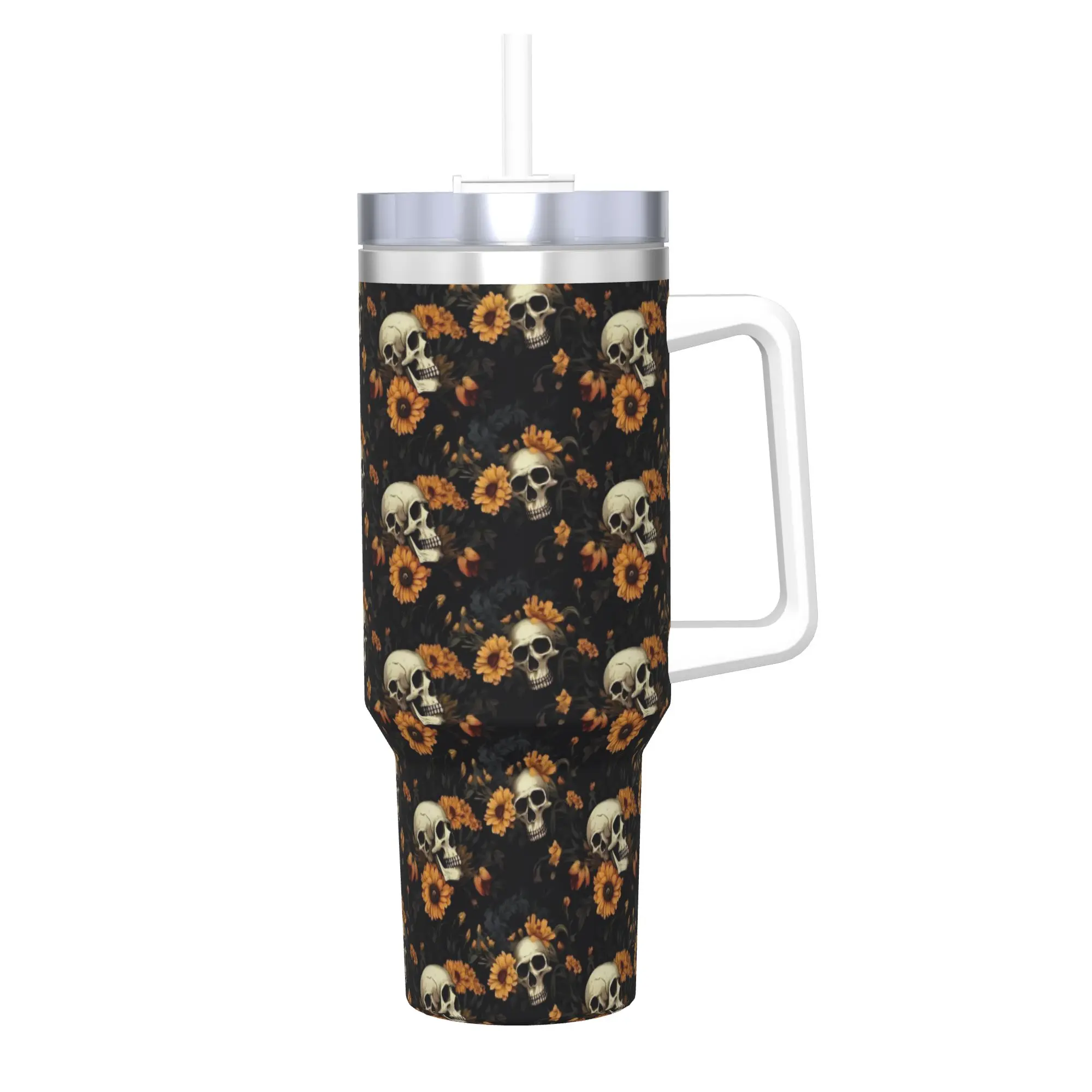Halloween Skulls And Flowers Gothic Goth Tumbler 40oz Stainless Steel Double Wall Vacuum Insulated  Travel Mug With Straw