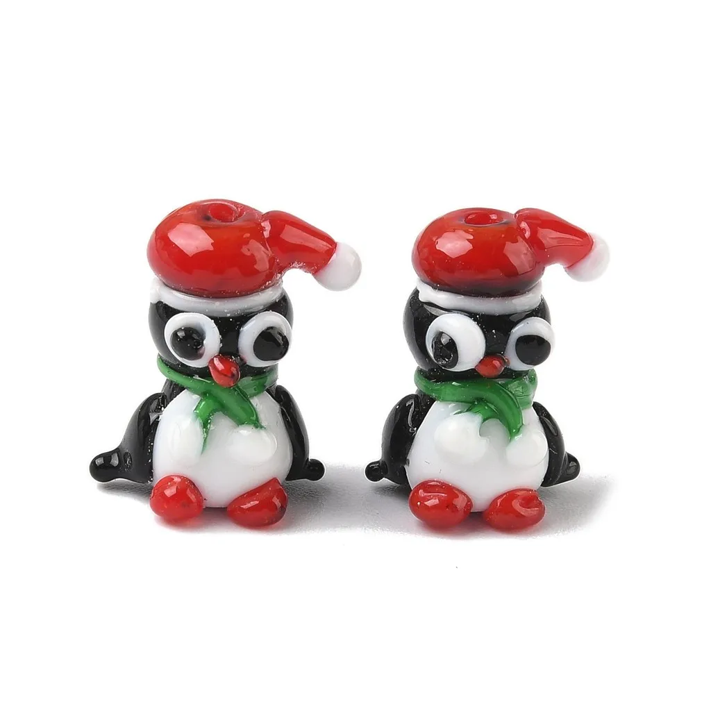 10pcs Handmade Lampwork Beads Christmas Penguin With Santa Hat Animal Beads DIY Bracelet Necklace Jewelry Making Accessories