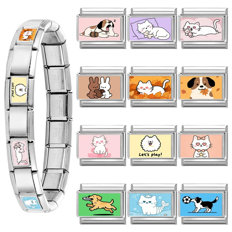 جديد Y2k لطيف الكرتون الكلاب القطط الحيوانات الأليفة الإيطالية سحر صالح 9 مللي متر الفولاذ المقاوم للصدأ النساء سوار ذاتي الصنع قطرة الشحن هدية مجوهرات بالجملة #3