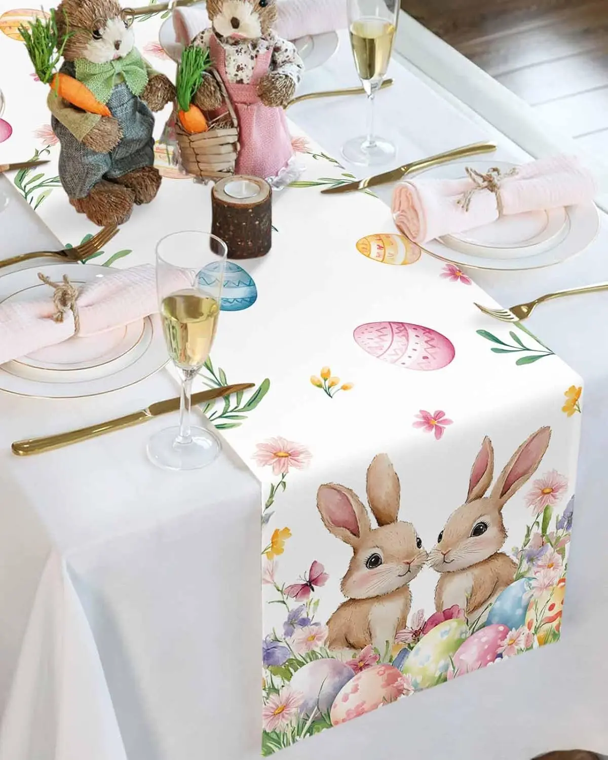 Spring Easter Bunny Colorful Eggs Floral Linen Table Runner Party Decor Farmhouse Kitchen Dining Table Runner Easter Decorations