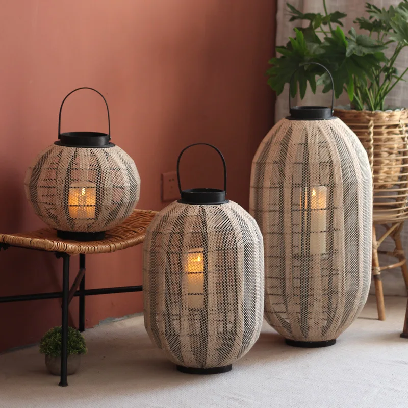 Hand Woven Rattan Floor Lamp Chinese Style Living Room Sofa Floor Lamp Waterproof Outdoor Solar LED Courtyard Standard Lamp