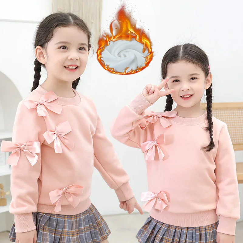 Girls Bow Sweatshirts Children Fluff Autumn Sport Casual Pullover Kids Fleece Winter Coats Toddler Pink Plus Velvet Clothing