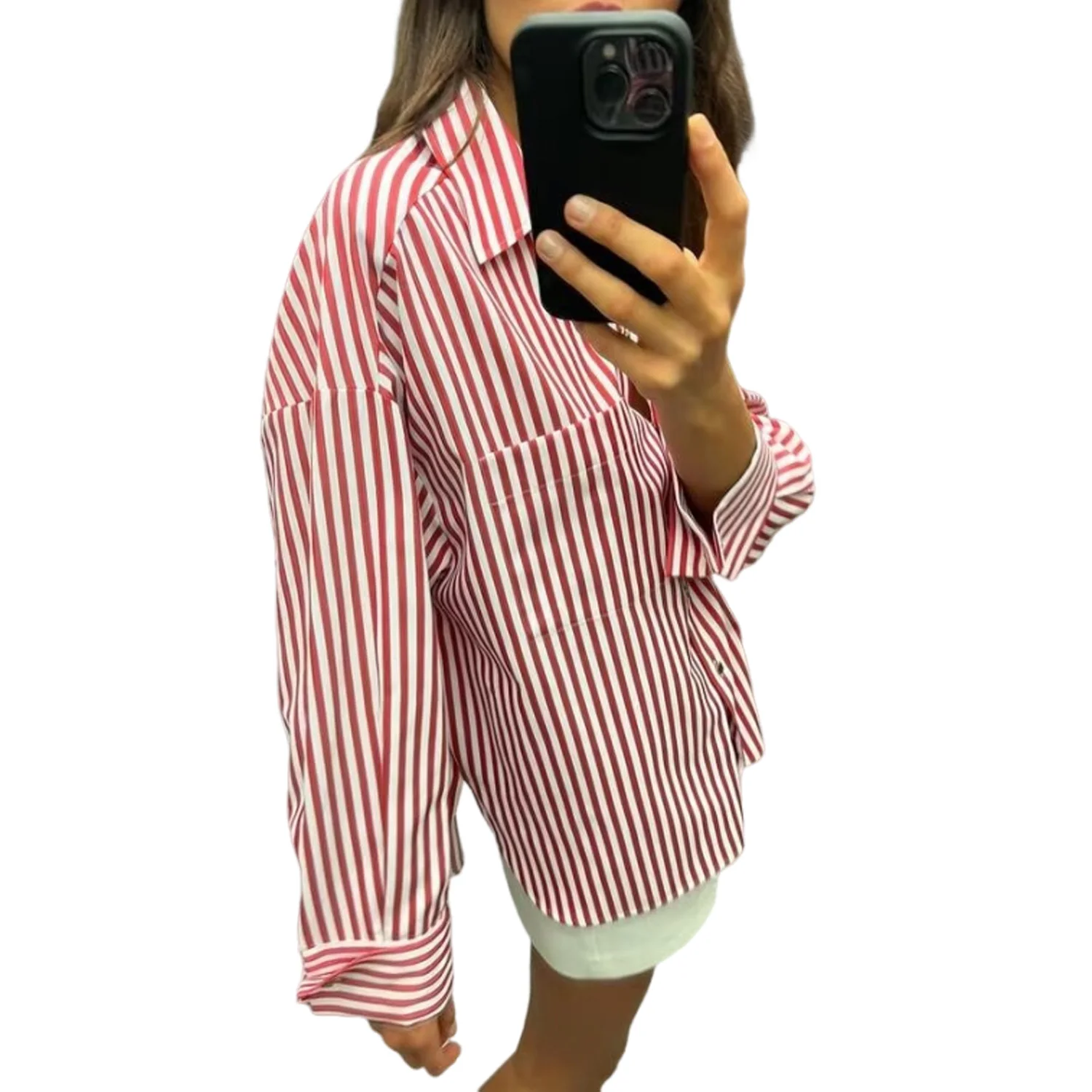 Women\'s Striped Lining Top with Rolled Edge Cuffs, Casual and Fashionable, Versatile, Long Sleeved, Single Breasted, New