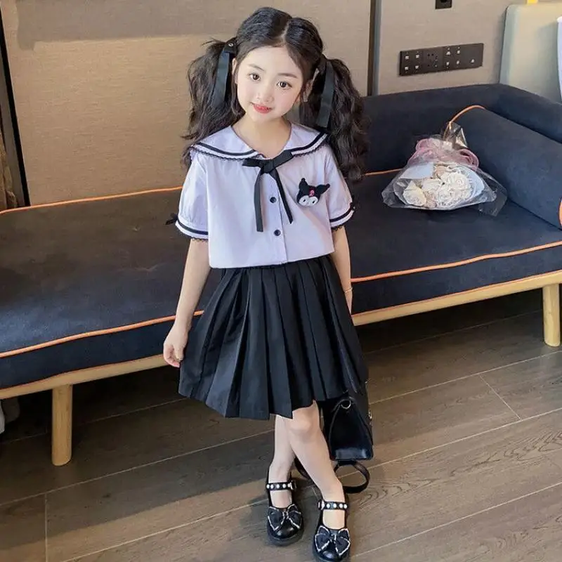 Kawaii Sanrios Kuromi Kinderen College Stijl Jurk Schattig Meisje Shirt Geplooide Rok Tweedelige Set Juniform Zomer Kinderkleding