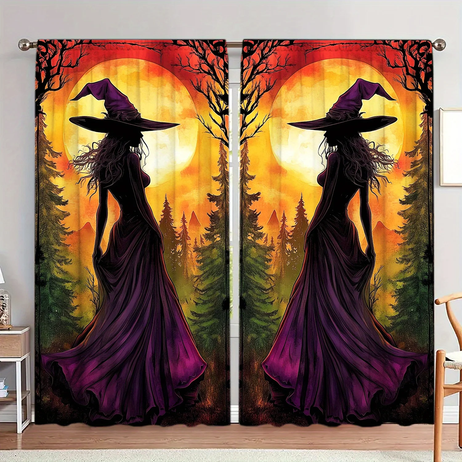 Gothic Witch Halloween Curtains Pair Polyester Window Drapes Spooky Fantasy Forest Sunset Scene Home Decor