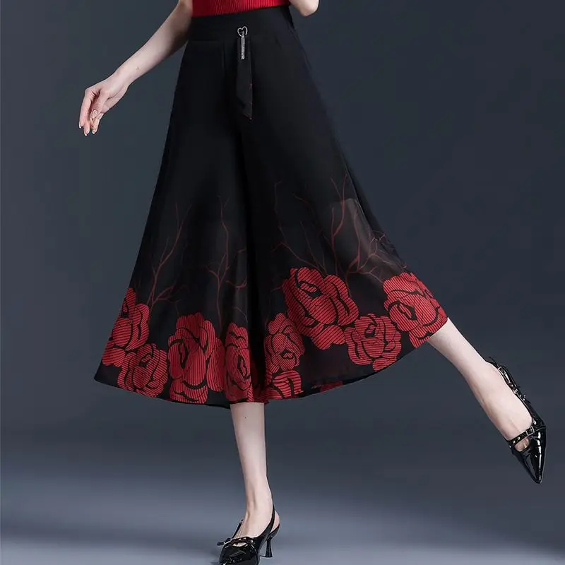 Chiffon kuitlengte broek zomer dunne hoge taille losse casual afdrukken wijde pijpen broek dameskleding all-match zakbroek