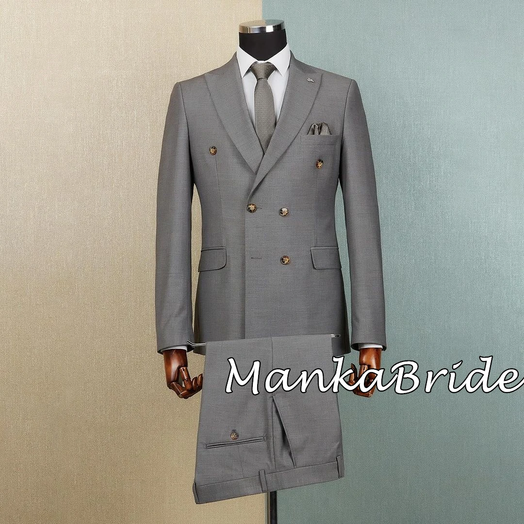 Double Breasted Grey Blazer Pants Groom/Groomsmen Suits Customized Business Party Office Male Tuxedo Classic Suit