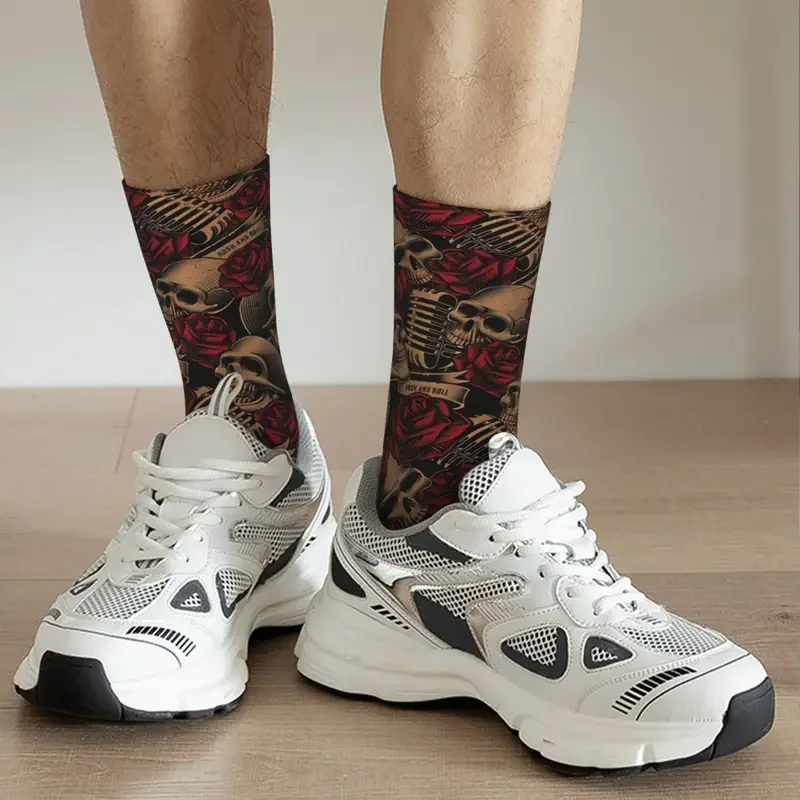 Y2k Schädel Rosen Happy Men's Socken Retro Rock and Roll Musik Street Style Casual Crew Socke Geschenk muster gedruckt