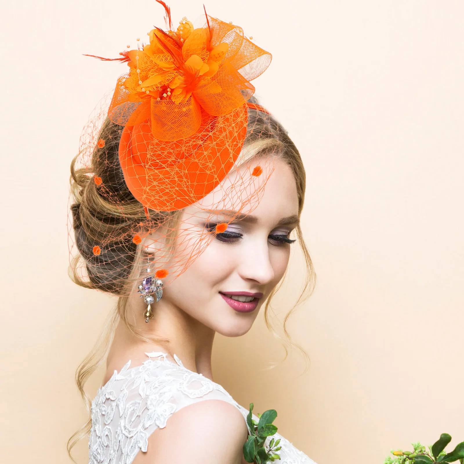 

Headband Mesh Flower Bride Fashion Fascinators Clip For Women Tea Party Orange Wedding Bridal Headpiece Banquet