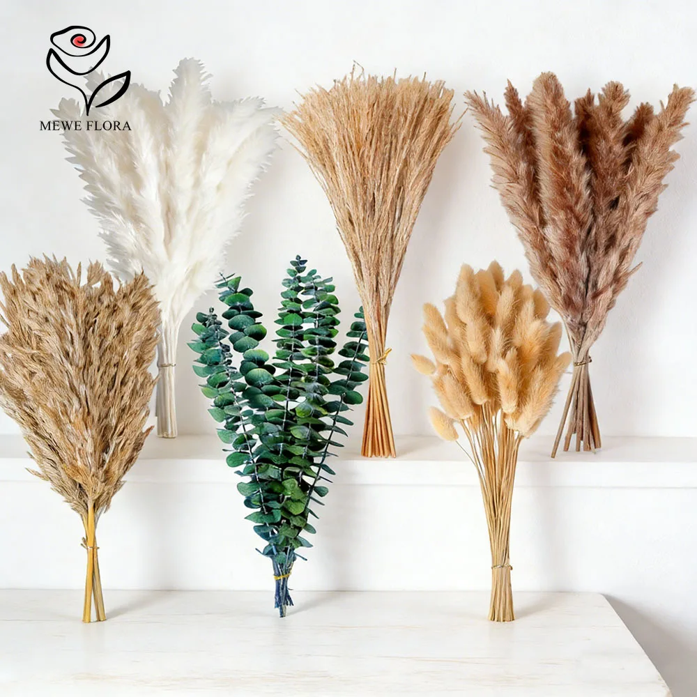 Natürliches Getrocknetes Pampasgras-Bouquet-Set mit Hasenschwänzen und Konserviertem Eukalyptus, 119-teilig, Boho-Heimdekoration, Flauschige Schilfblumen für Hochzeit, Wohnzimmer, Bauernhaus,
