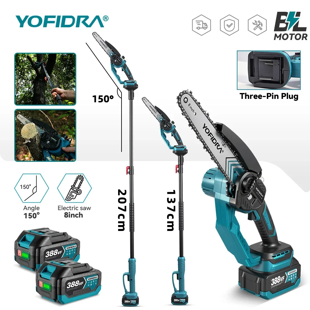 YOFIDRA-sierra de rama alta de 8 pulgadas, herramienta eléctrica de poda para jardín, poste telescópico sin escobillas, motosierra eléctrica para Pin de batería Makita de 18V