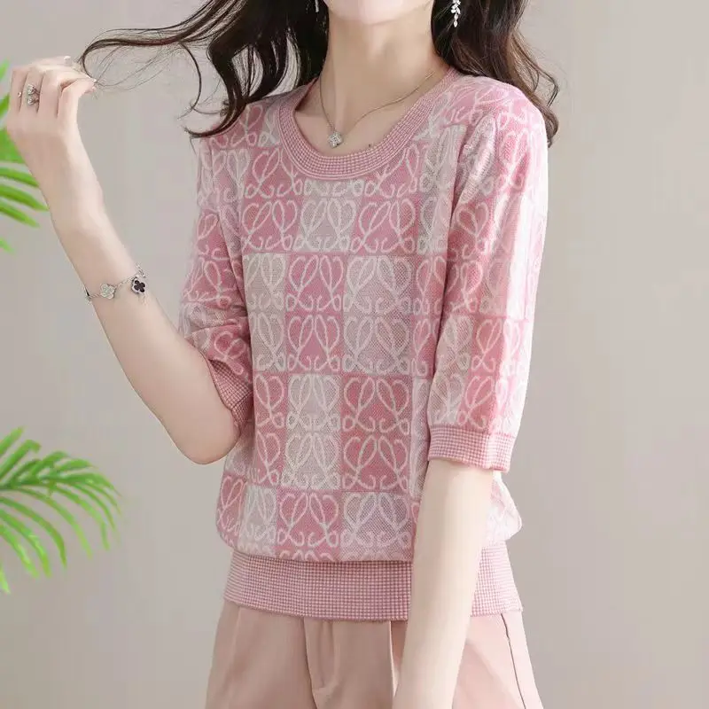 TuangBiang Female Summer Elegant Crochet 2023 Cotton Pullover O-Neck Knitted Short Sleeves T-Shirts Women Pink Thin Loose Tops