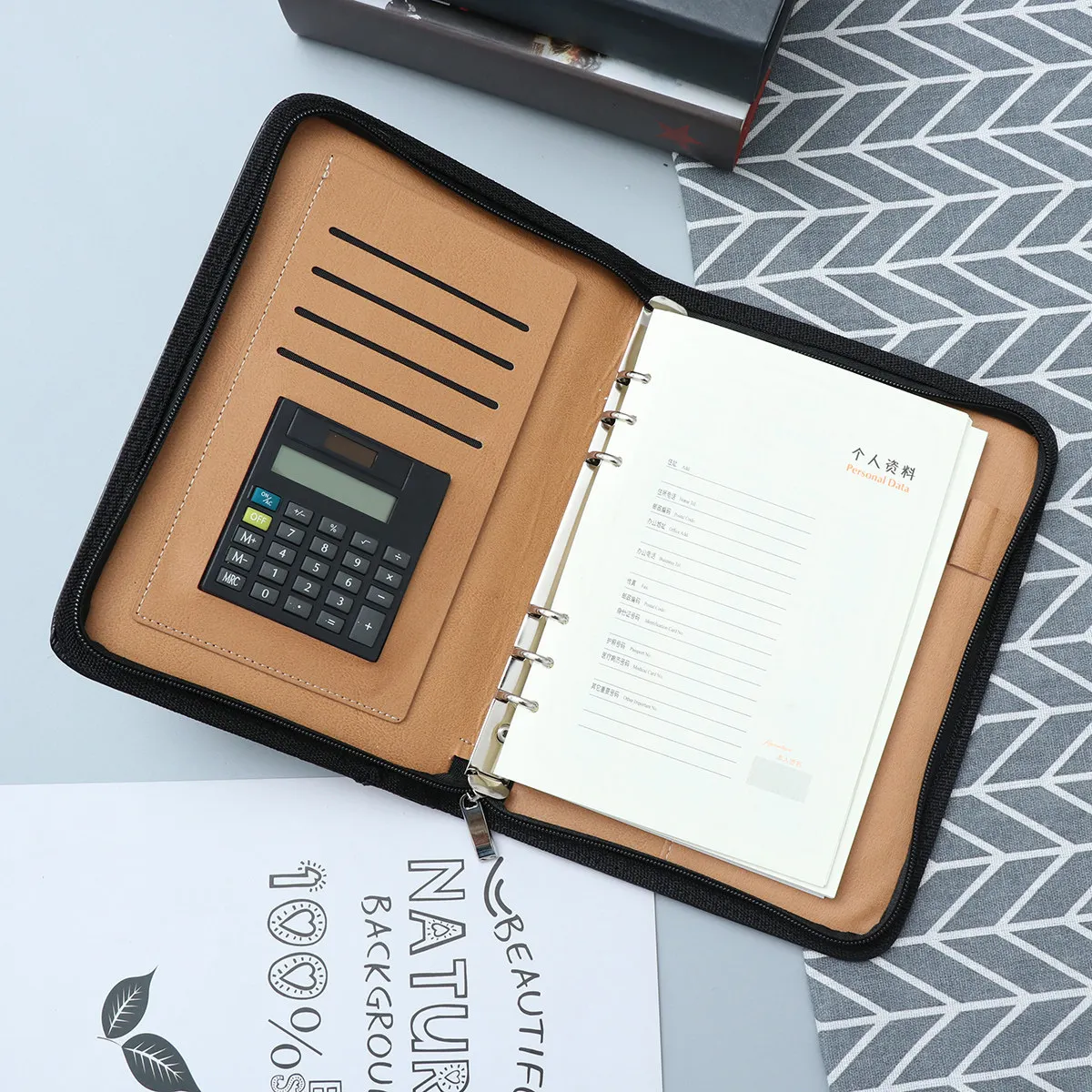 PU Cover A5 Zipper Notebook Loose-Leaf Business Notepad Black Featuring Calculator Cardholder 6 Ring Binder Pen Loop