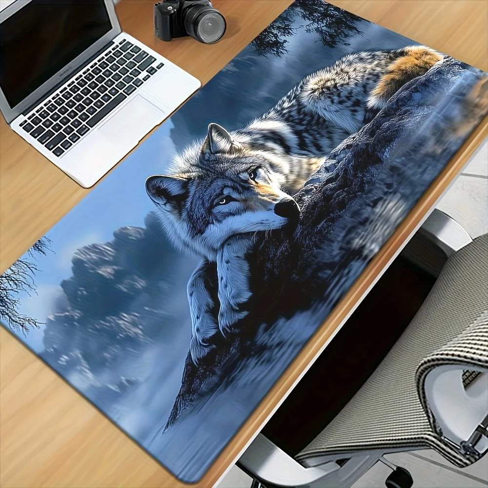 Riverside Wolf Gaming Mouse Pad - Non-Slip Rubber Base, Realistic Wolf and River Landscape Desk Mat, Soft Fabric Surface, Suitable for PC, Office, Laptop