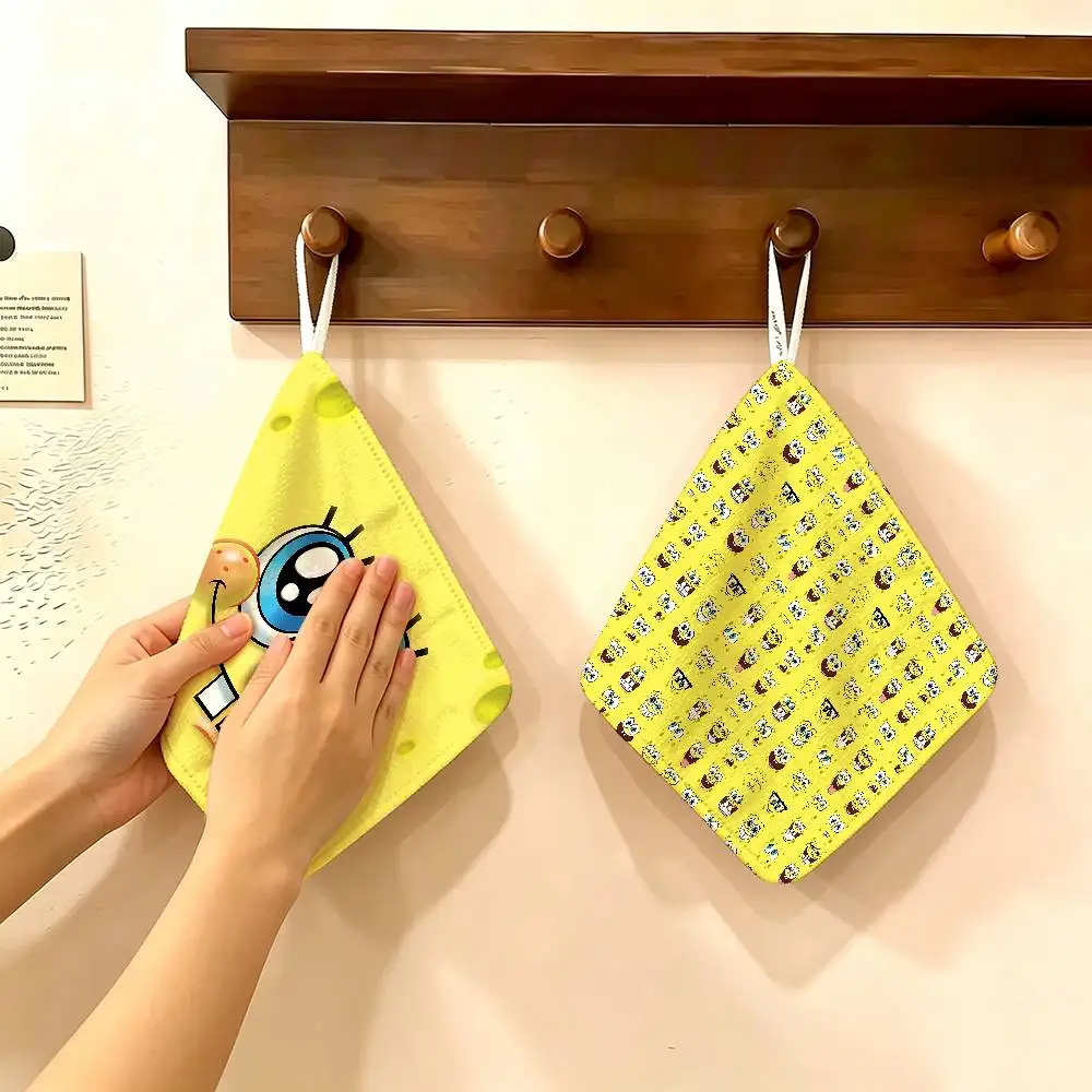Cute S-Spongebobs Anime Hanging Kitchen Towel, Polyester Cotton Fabric, Absorbent Hand Wiping Towel for Home Dormitory