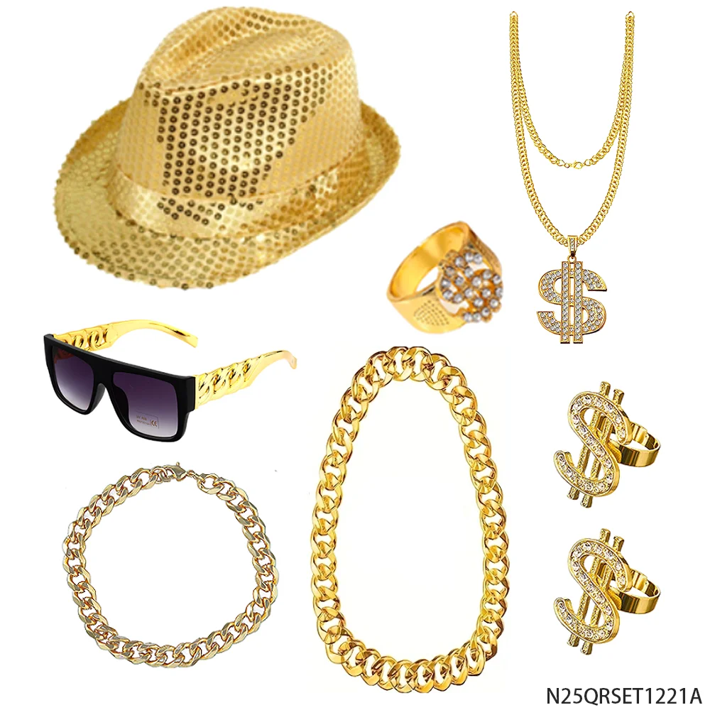 PESENAR 90s Retro Hip Hop Costume Set Sequin Hat Dollar Jewelry Gold Chain Sunglasses Party Accessory