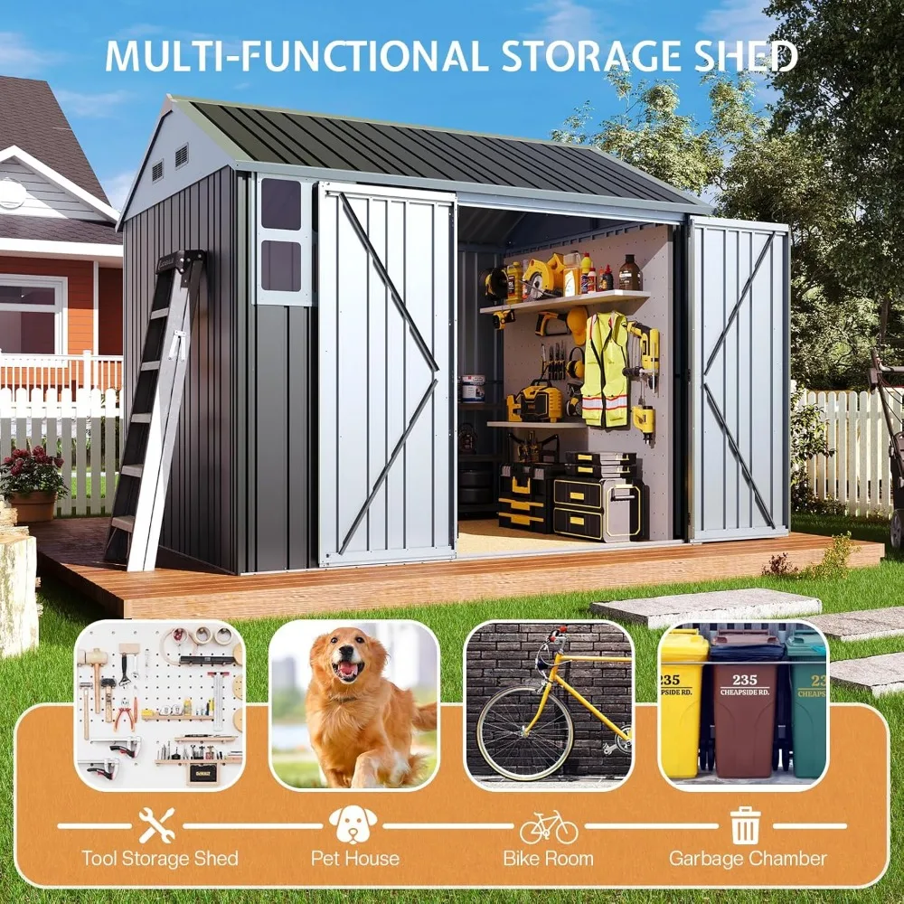 8.5x7.1x7.5 FT Galvanized Steel Outdoor Storage Shed, Lockable Double Hinged Doors and 4 Vents, Metal Shed for Backyard Storage