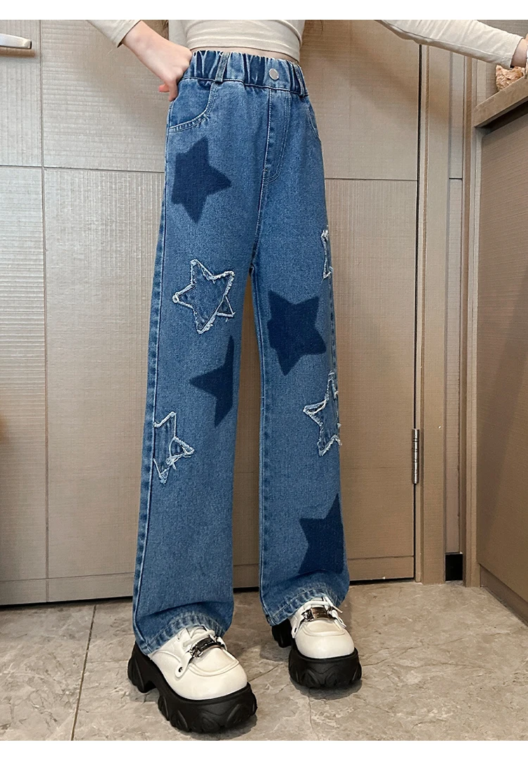 Stylische Streetwear-Jeans für Kinder mit geradem Schnitt und Sternen, modische Kleidung, Hip-Hop-Retro-Jeanshosen für Mädchen, luxuriöse Kinderhosen – Detail 10