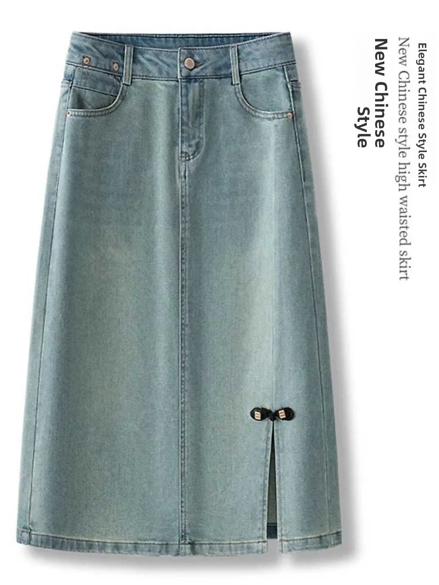 

Джинсовая юбка с высокой талией и разрезом, женская летняя новинка 2024, утягивающая юбка трапециевидной формы, облегающая юбка средней длины от Rehe Jiasi