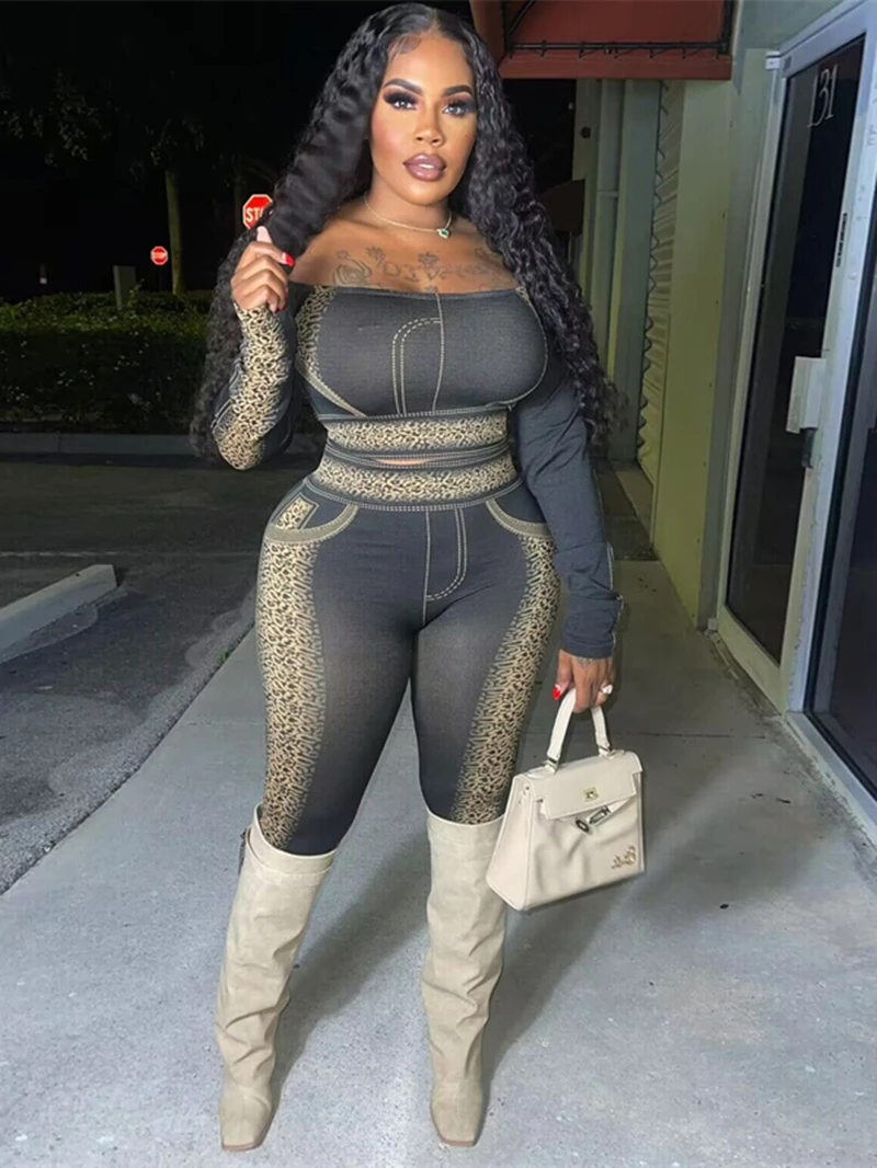 Fake Jean Print 2 Piece Sets Women Outfit Autumn Clothes Women Off Shoulder Crop Top Skinny Pant Sets Casual Tracksuit Woman Set