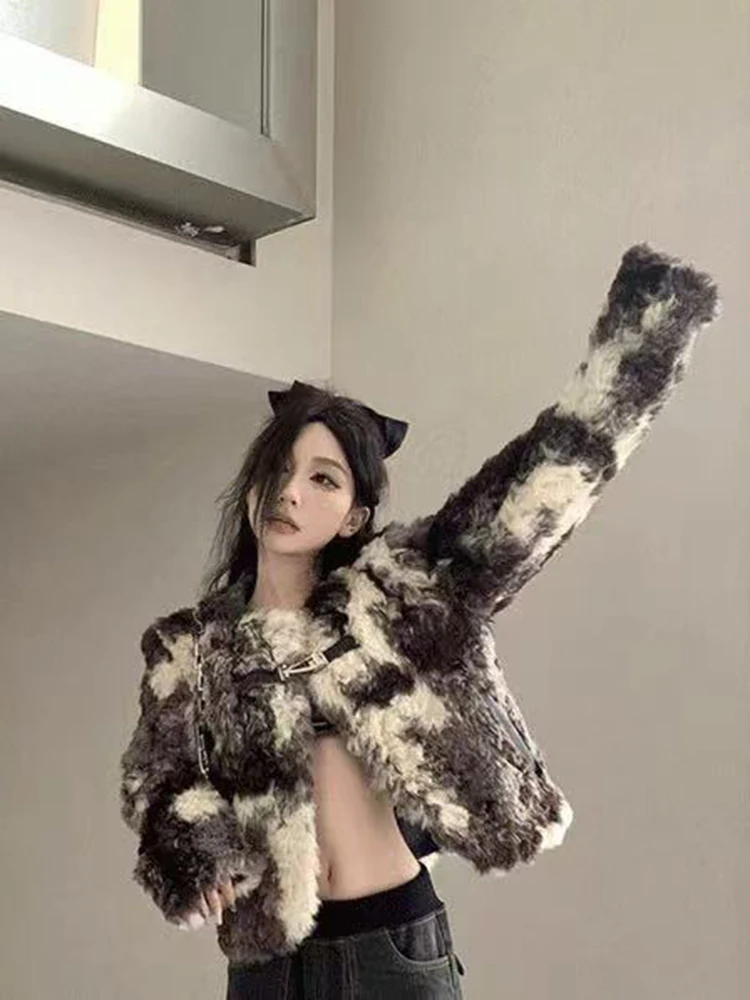 Faux Lamm Mantel Frauen Koreanische Lose Streetwear Alle Spiel Haarigen Pelz Crop Oberbekleidung Y2K Weibliche Herbst Winter Tie Dye Dicke Warme Mantel