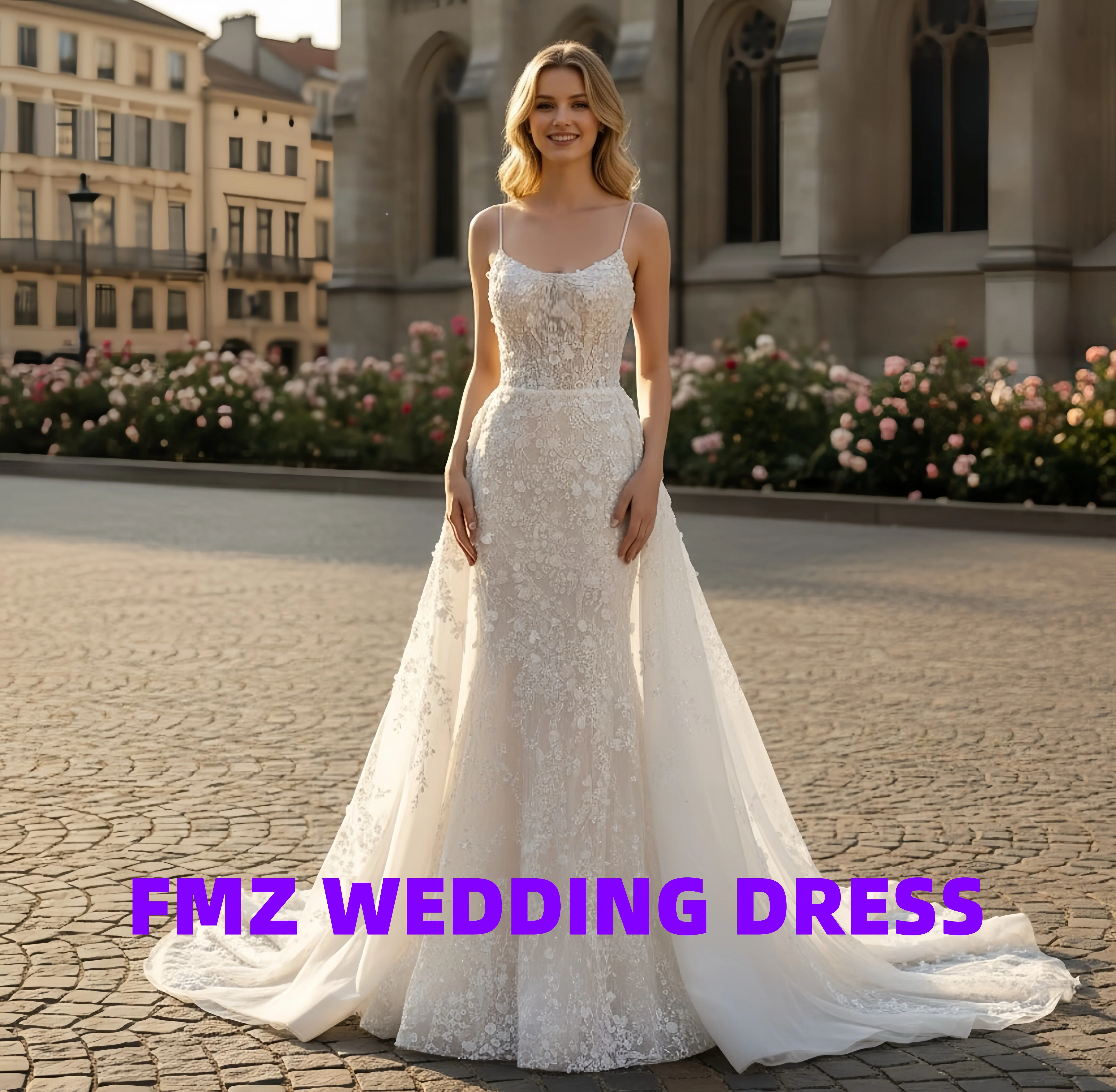 فستان زفاف أنيق مخصص بياقة حلوة بدون أكمام من الدانتيل حورية البحر من فيستدوس دي نوفيا رداء دي ماري