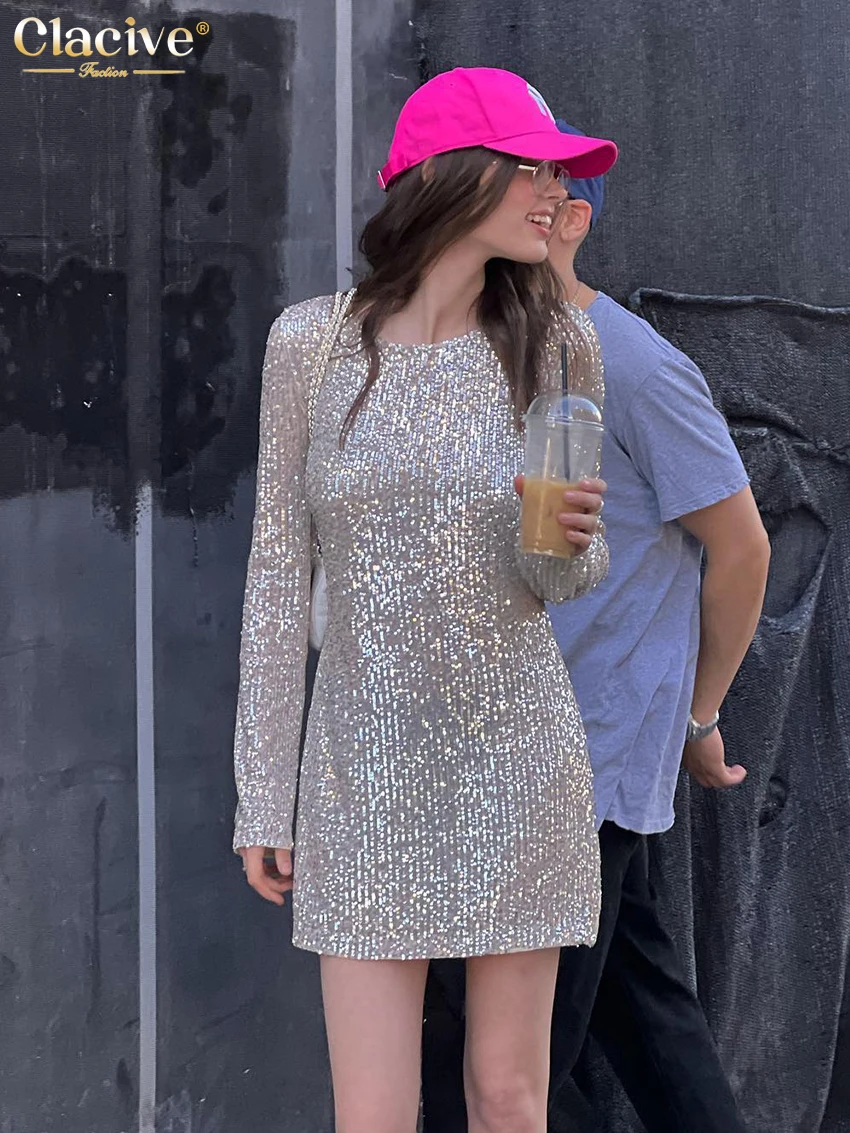 Clacive Fashion Sliver cekiny damskie sukienki 2023 Bodycon O-Neck z długim rękawem Mini sukienka elegancka szczupła przepuszczalność sukienek