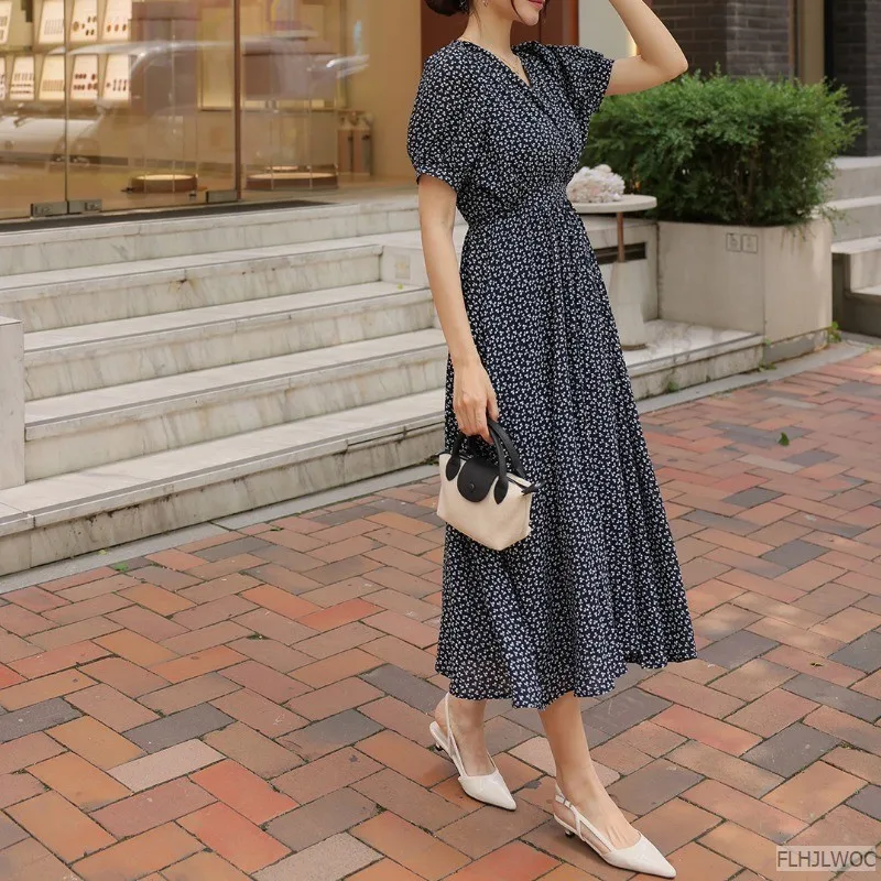 Vestido de Manga Curta Feminino Floral e Flor, Elegante Vestidos Longos, Vintage, Preto, Chique, Coréia, Design Francês, Verão, Novo, Retro, M-3XL, 2024