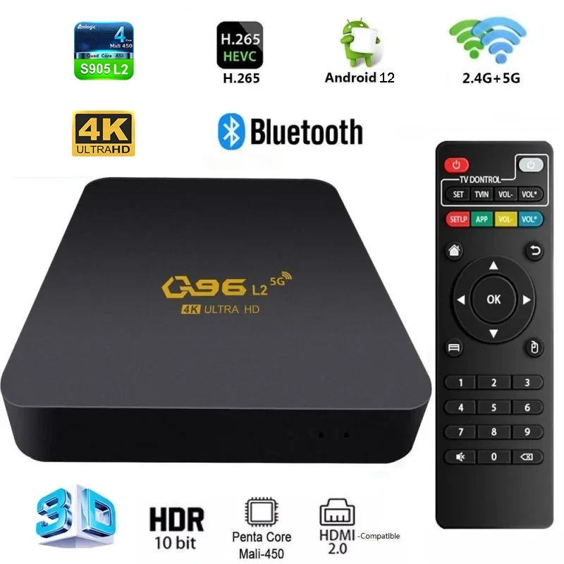 

Q96 L2 Quad Core Smart TV Box Android 12 Amlogic S905L2 2.4G 5G WiFi duplo 4K UHD Home Theater Set Top Box Media Player Iptv TV