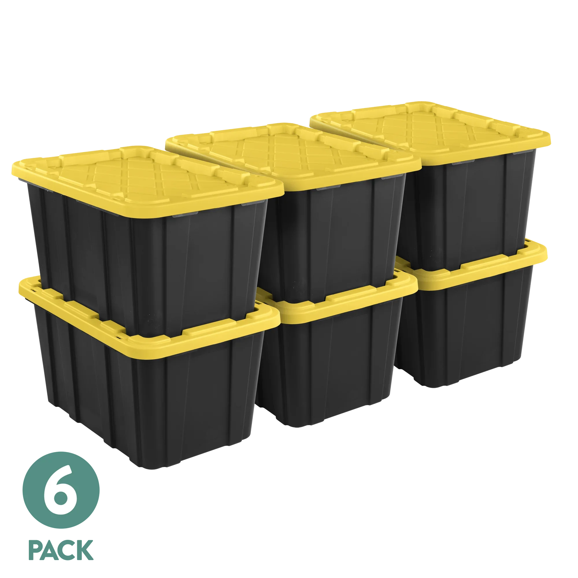 

27 Gallon Durable Plastic Storage Tote with Snap-On Lid Black And Yellow 6 Pack - Stackable Organizing Bin for Home And Office