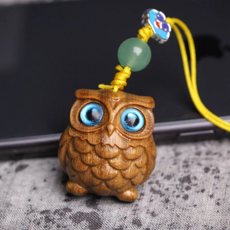 Vintage Owl Hanging Decoration Green Sandalwood Mobile keychain Pendant Statue Courtyard Balcony Wind Chime Home Deco