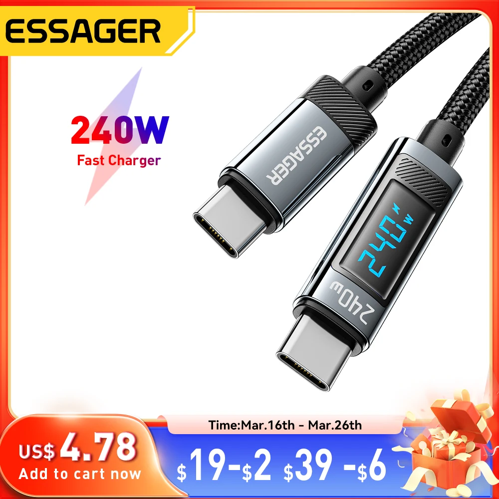 Essager 240W USB Type C To USB C Cable 100W PD 3.1 Fast Charging Charger Wire For Macbook Pro Xiaomi Samsung Laptop USBC Cord 2M