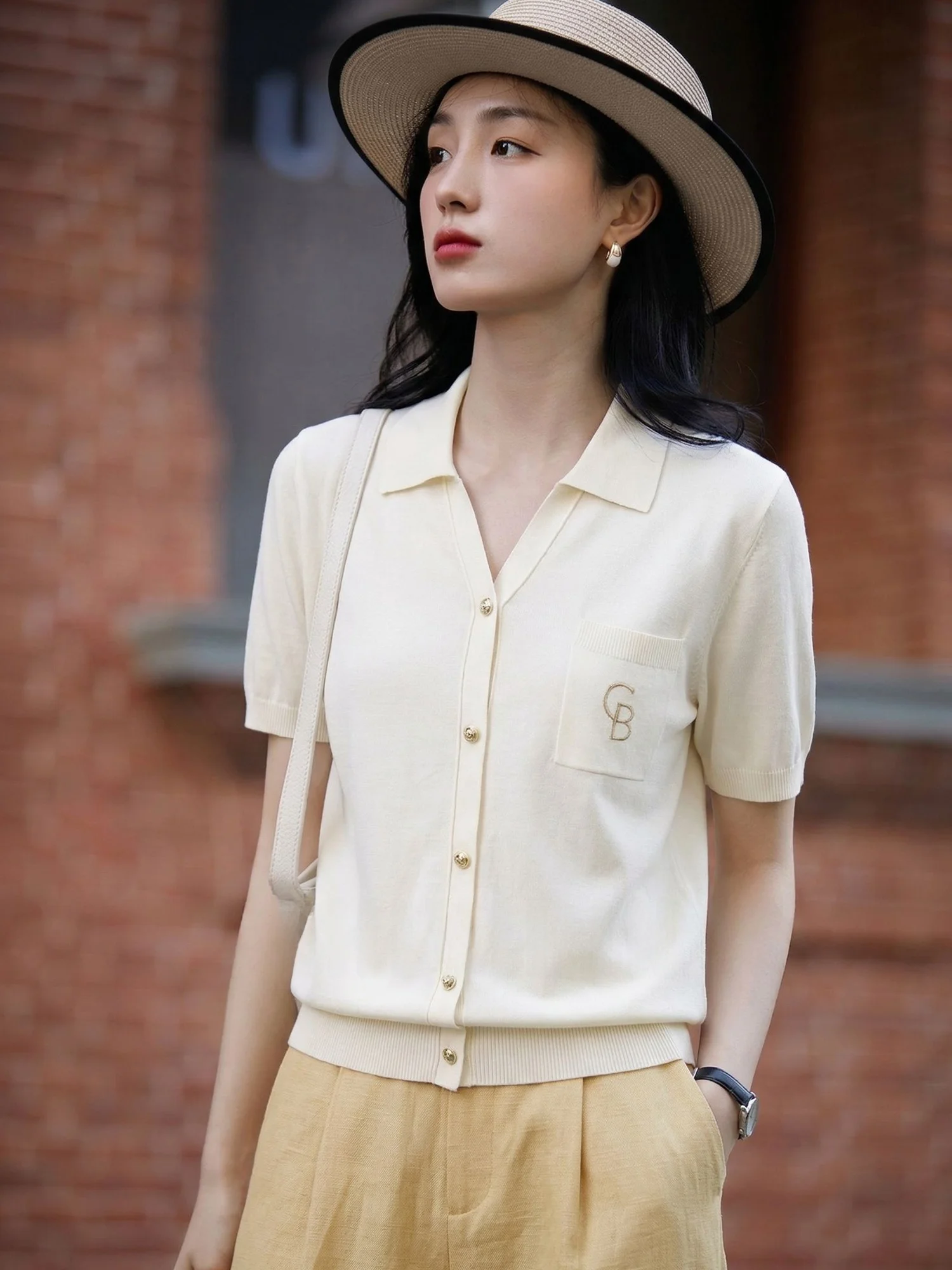 

Chivirin Cotton Blend Knitwear Short Sleeve Loose Fit Turn-down Collar Women's T-shirt Summer Slimming Casual Top